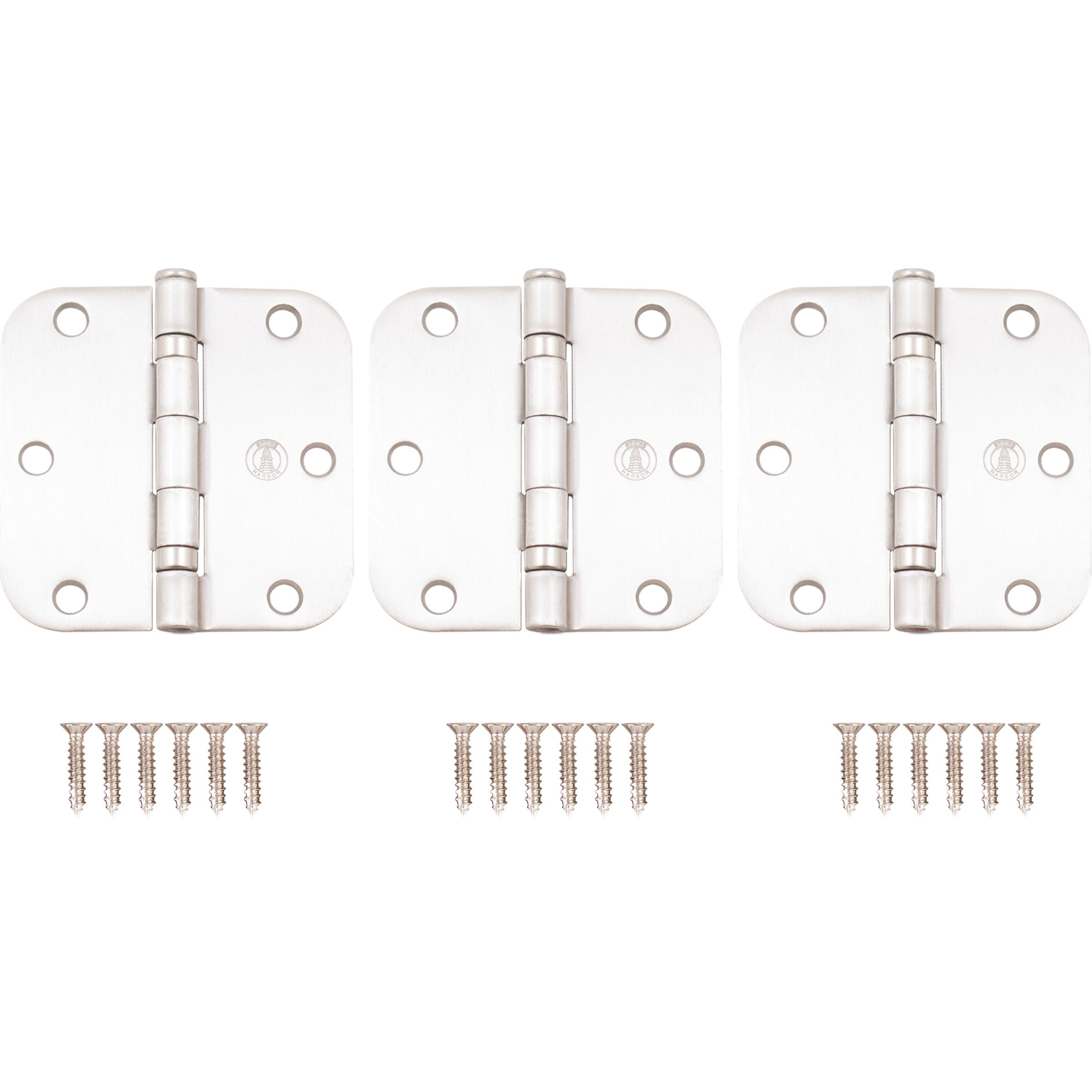 Stone Harbor Hardware 3-1/2" Ball-Bearing Door Hinges, 5/8" Radius Corner, Satin Nickel, 3-Pack