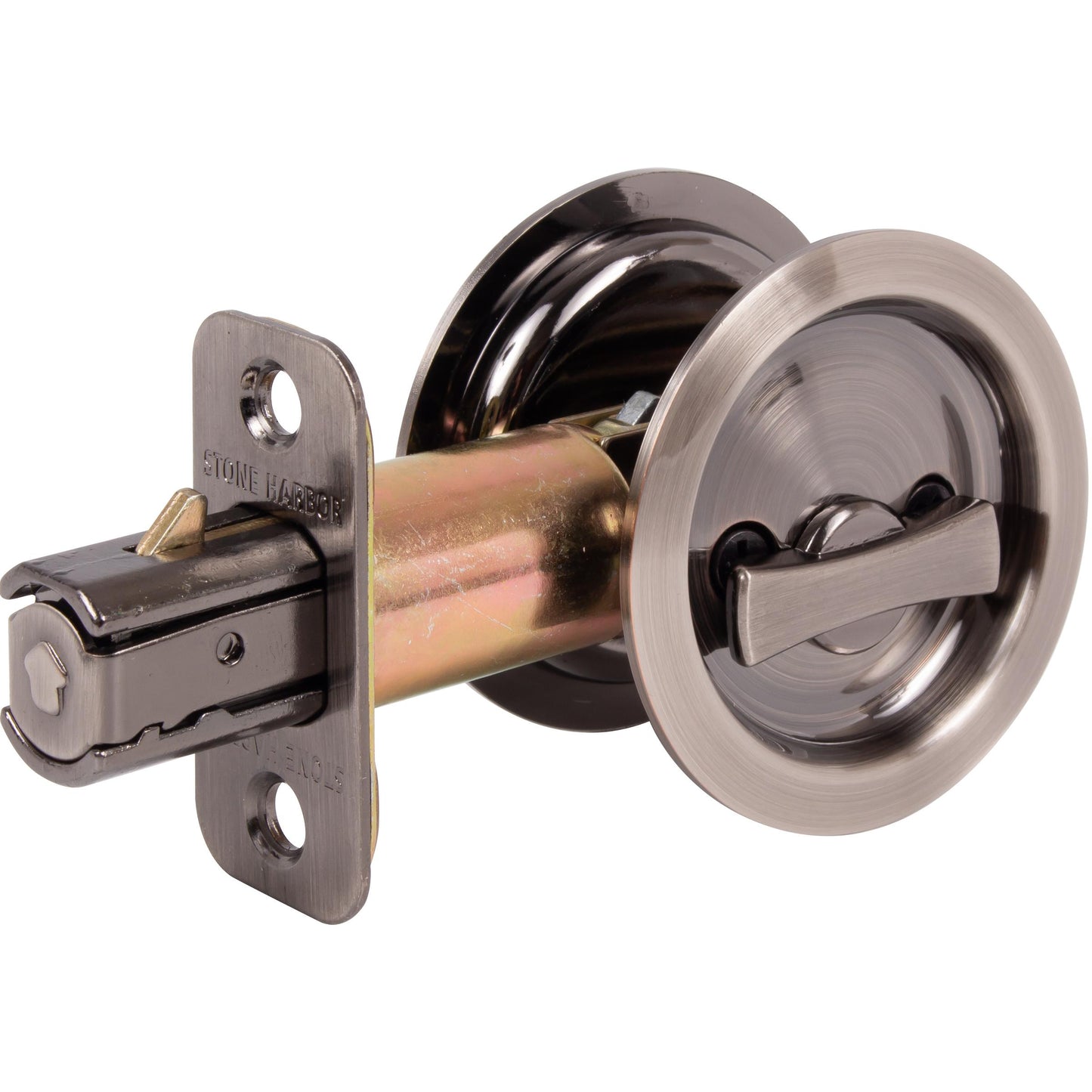 Stone Harbor Hardware Round Pocket Door Lock, Privacy Function, 2-3/8" Backset, Antique Nickel