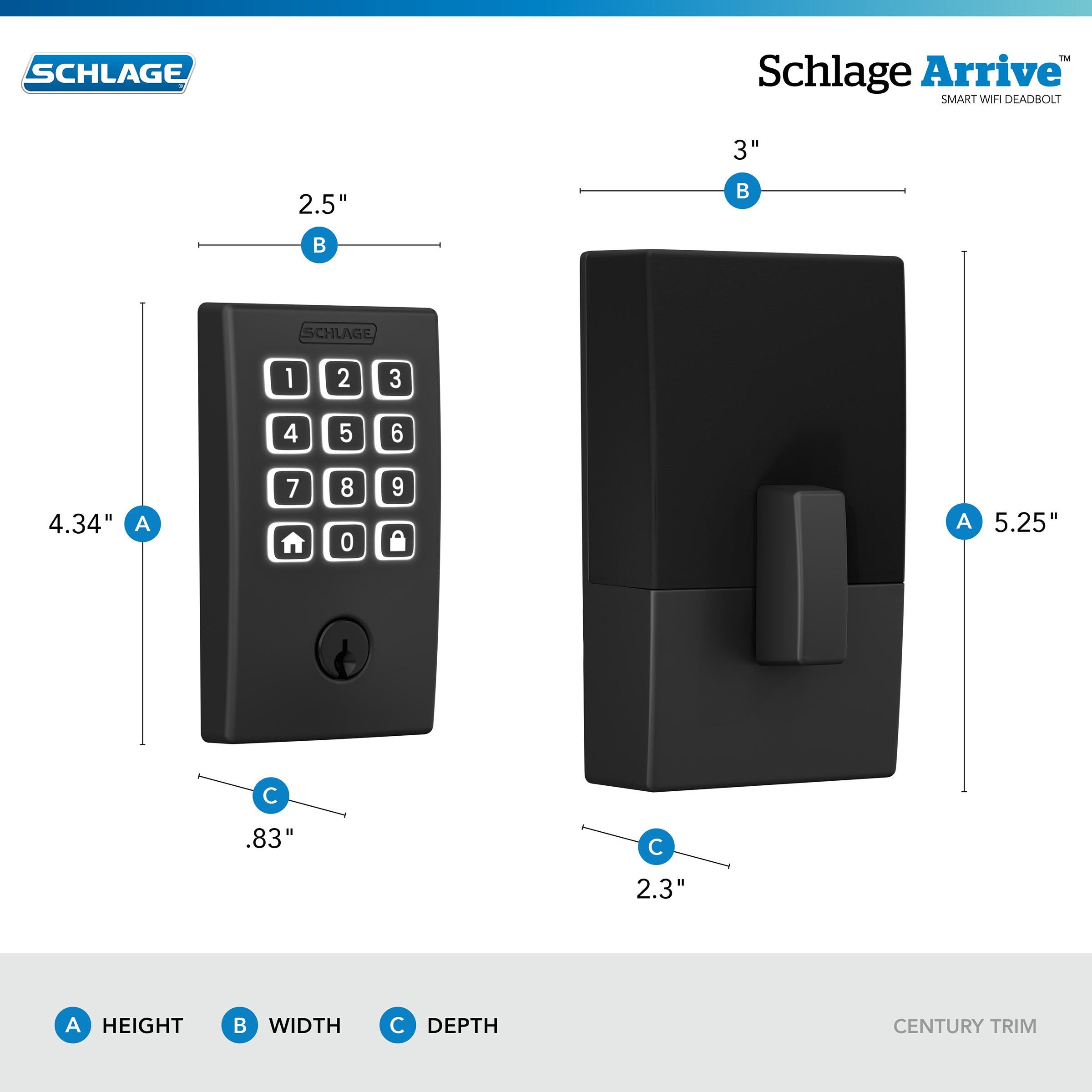 Schlage Arrive Smart WiFi Deadbolt with Century Trim in Matte Black