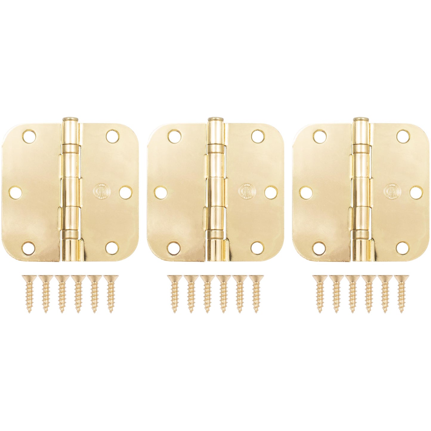 Stone Harbor Hardware 3-1/2" Ball-Bearing Door Hinges, 5/8" Radius Corner, Polished Brass, 3-Pack
