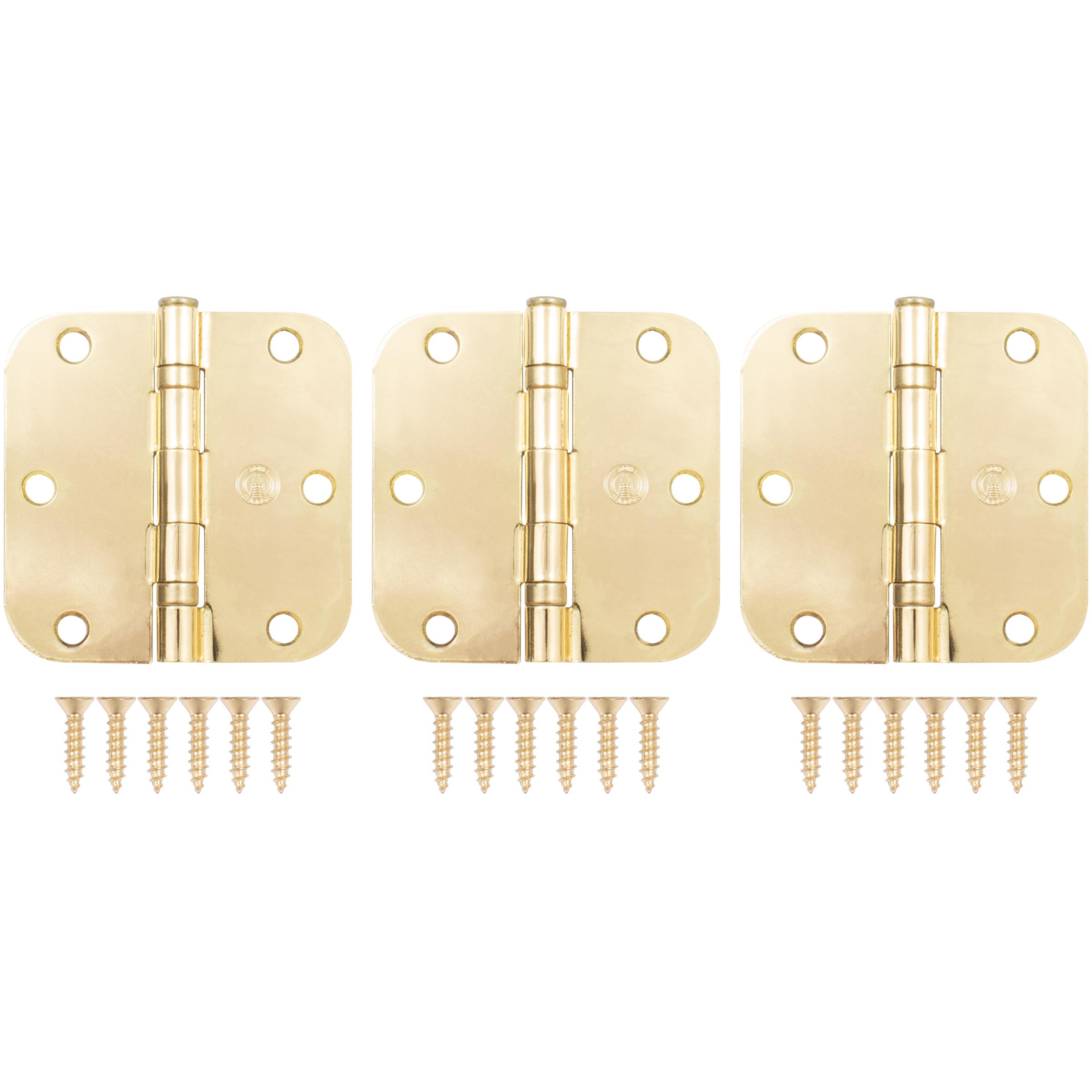 Stone Harbor Hardware 3-1/2" Ball-Bearing Door Hinges, 5/8" Radius Corner, Polished Brass, 3-Pack