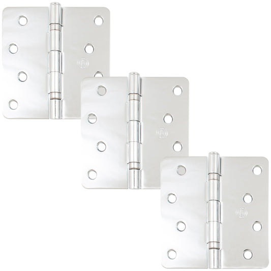 Stone Harbor Hardware 4" Ball-Bearing Door Hinges, 1/4" Radius Corner, Polished Chrome, 3-Pack