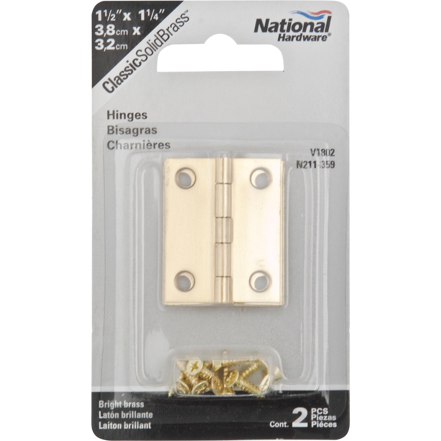 V1802 1-1/2" x 1-1/4" Hinge 2/pk - Polished Brass