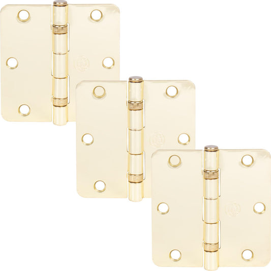 Stone Harbor Hardware 3-1/2" Ball-Bearing Door Hinges, 1/4" Radius Corner, Polished Brass, 3-Pack