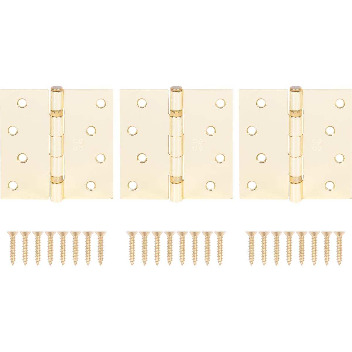 Stone Harbor Hardware 4" Ball-Bearing Door Hinges, Square Corner, Polished Brass, 3-Pack
