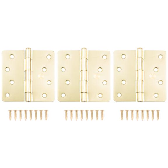 Stone Harbor Hardware 4" Door Hinges, 1/4" Radius Corner, Polished Brass, 3-Pack