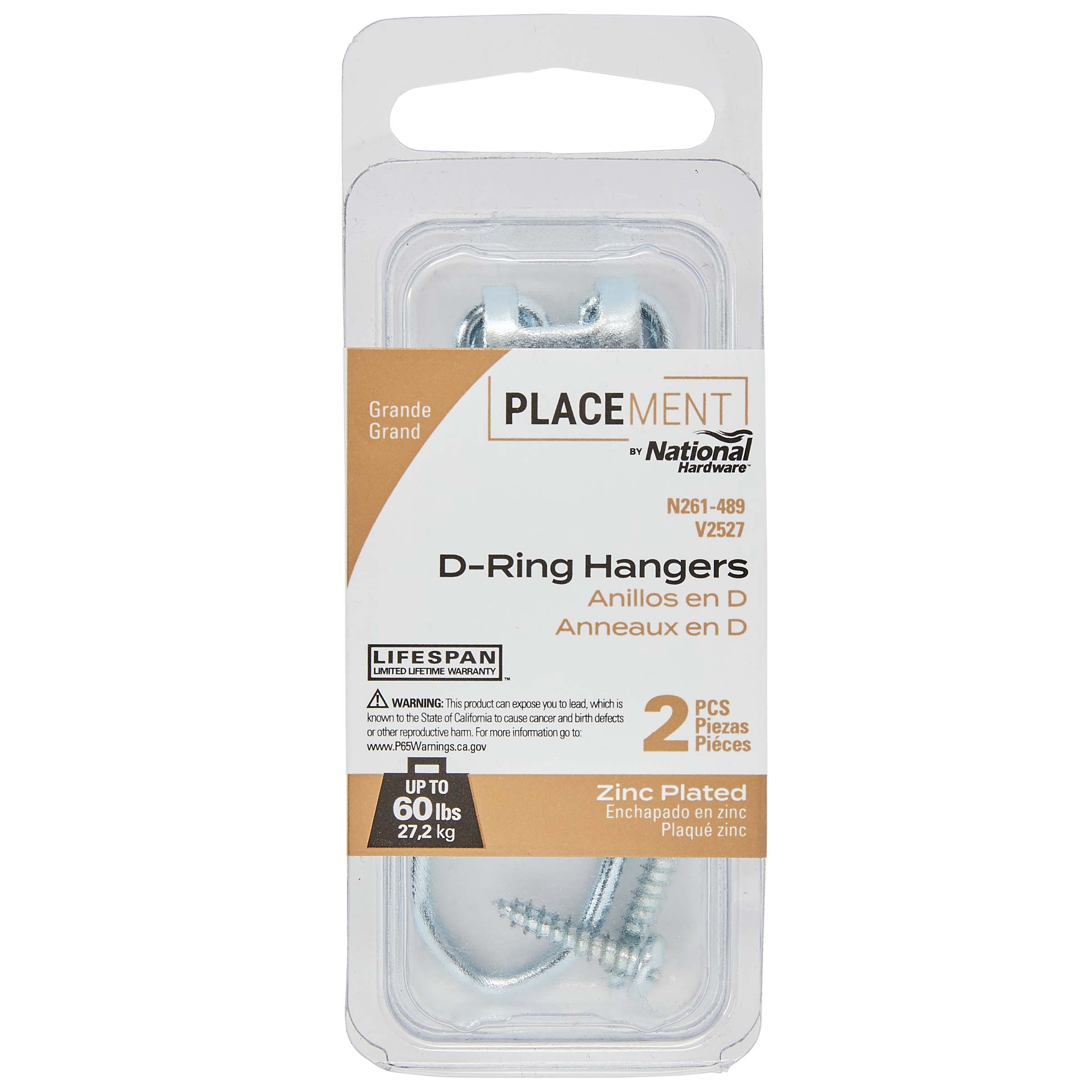 V2527-L2-7/32" D-Ring Hangers, 2/pk - Zinc