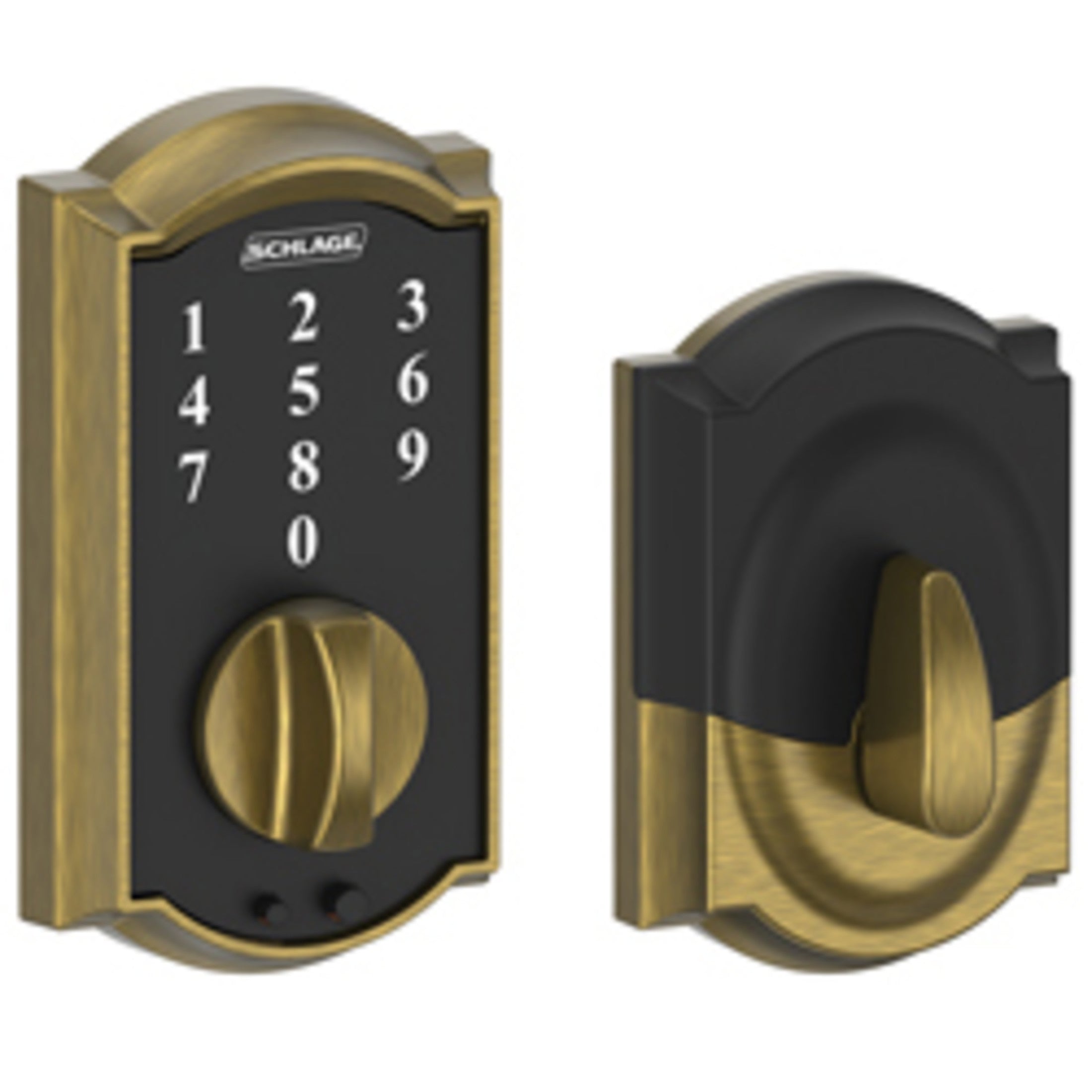 BE375CAM609 12-321 10-116  Camelot Touch Keyless Deadbolt - Antique Brass
