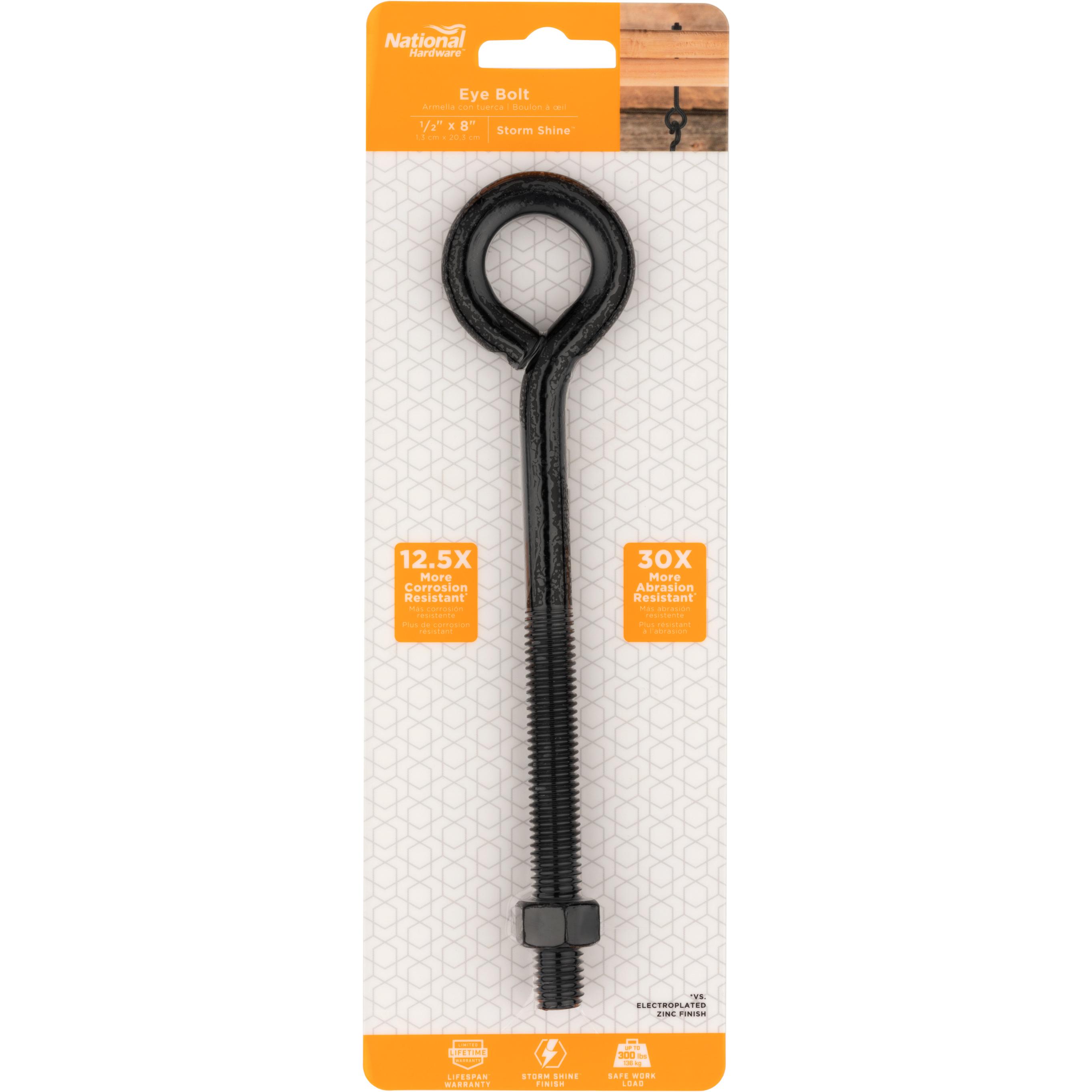 National Hardware N820-091 Eye Bolt, 1/2" × 8", Storm Shine Finish