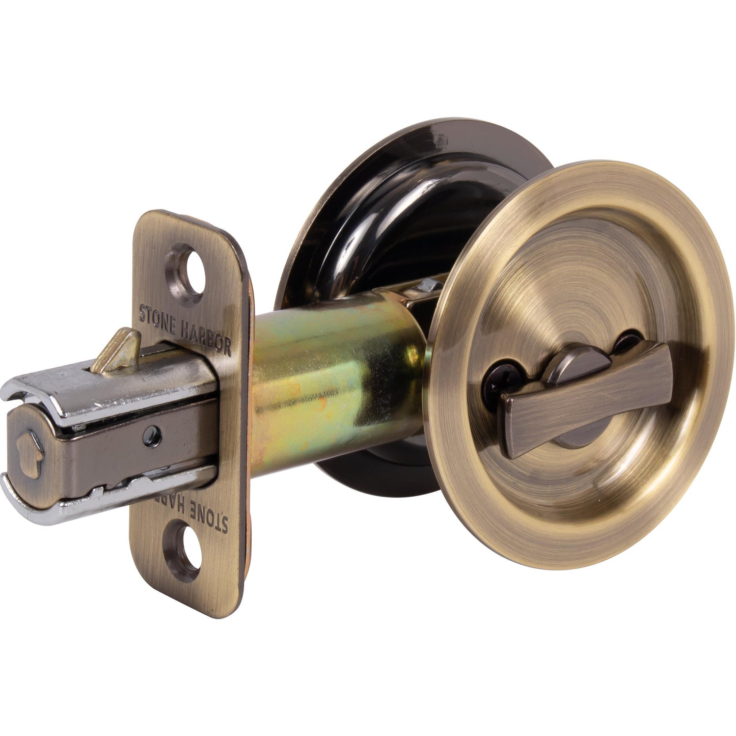 Stone Harbor Hardware Round Pocket Door Lock, Privacy Function, 2-3/8" Backset, Antique Brass