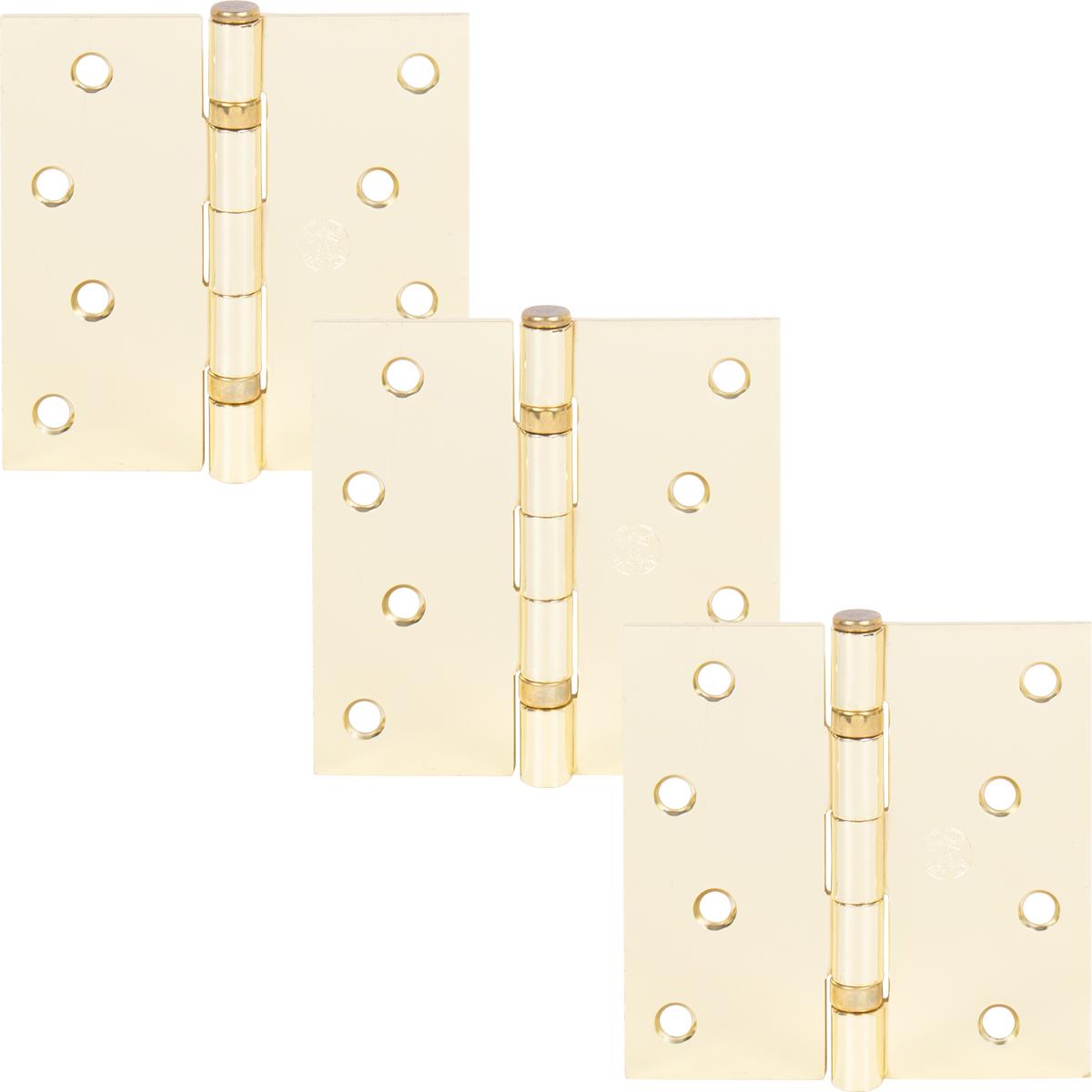 Stone Harbor Hardware 4" Ball-Bearing Door Hinges, Square Corner, Polished Brass, 3-Pack