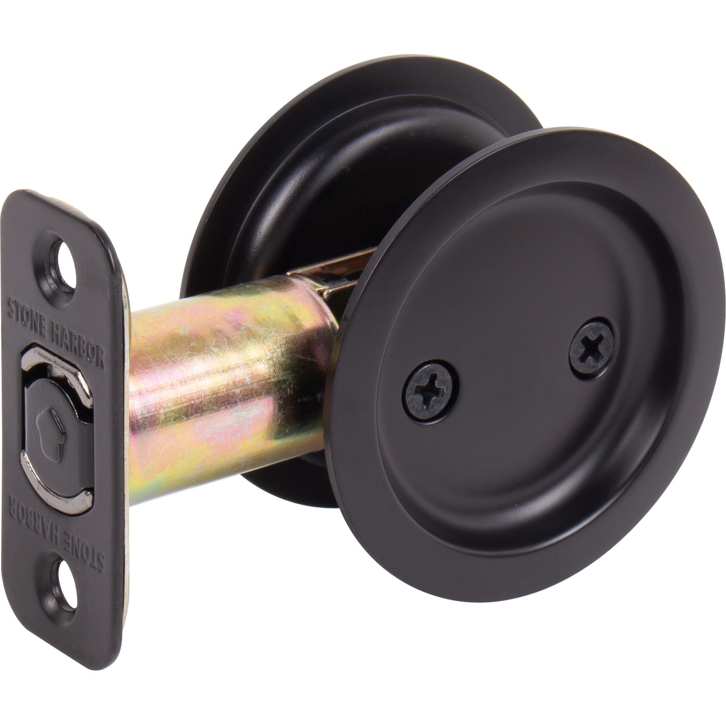 Stone Harbor Hardware Round Pocket Door Lock, Passage Function, 2-3/8" Backset, Matte Black