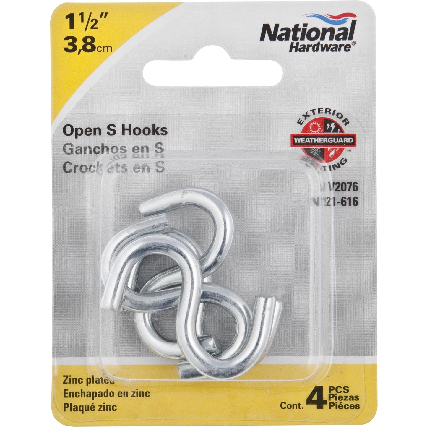 V2076 Open S Hook 4/pk - Zinc Plated