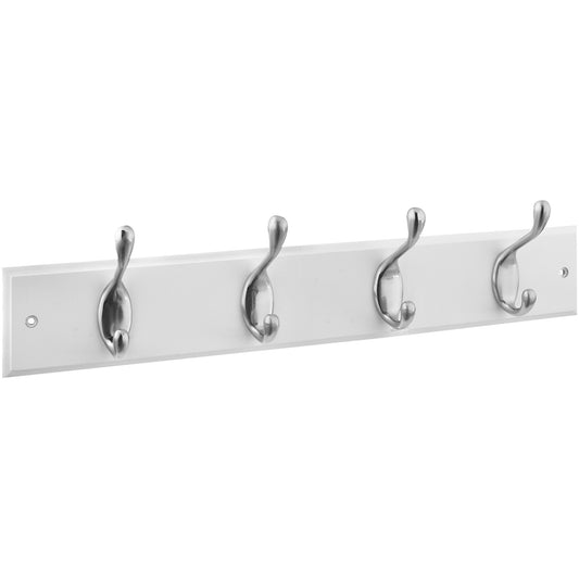 B8170 18" x 2-3/4" x 5/8" Hookrail with 4 Coat Hooks - Satin Nickel with White Rail