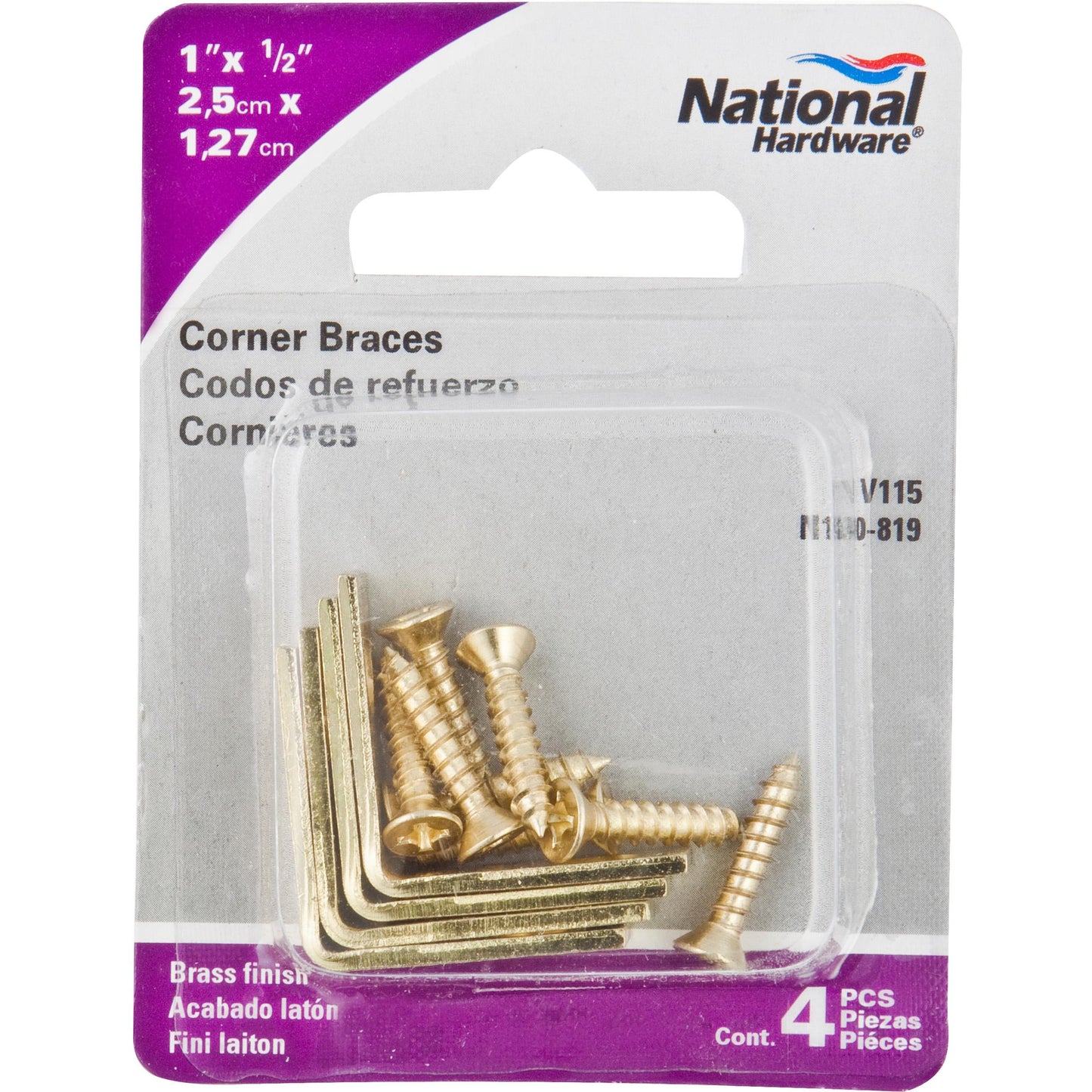 V115 1" x 1/2" Corner Brace 4/pk - Polished Brass