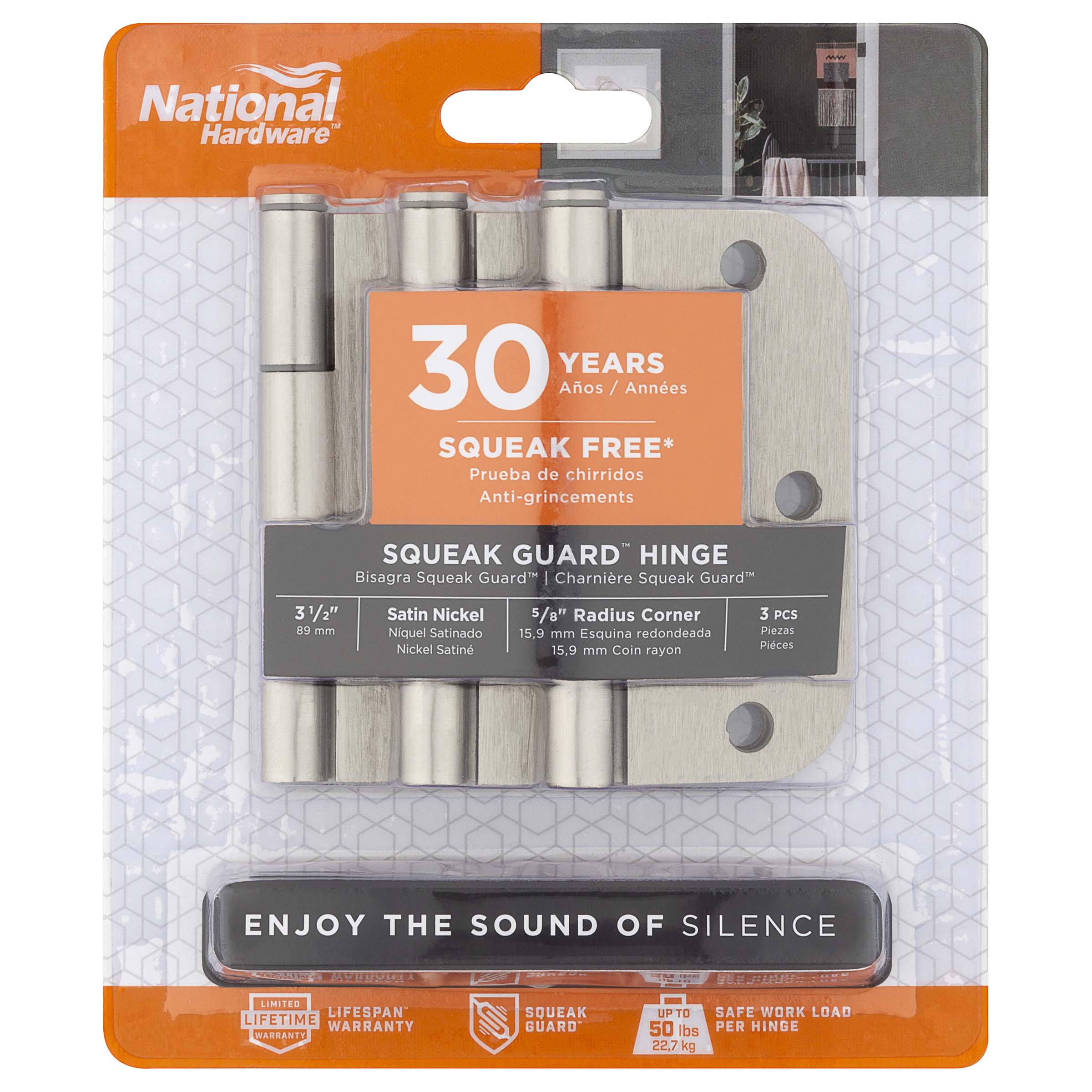 National Hardware - 525 3-1/2" 5/8R Squeak Guard Hinge 3/pk - Satin Nickel