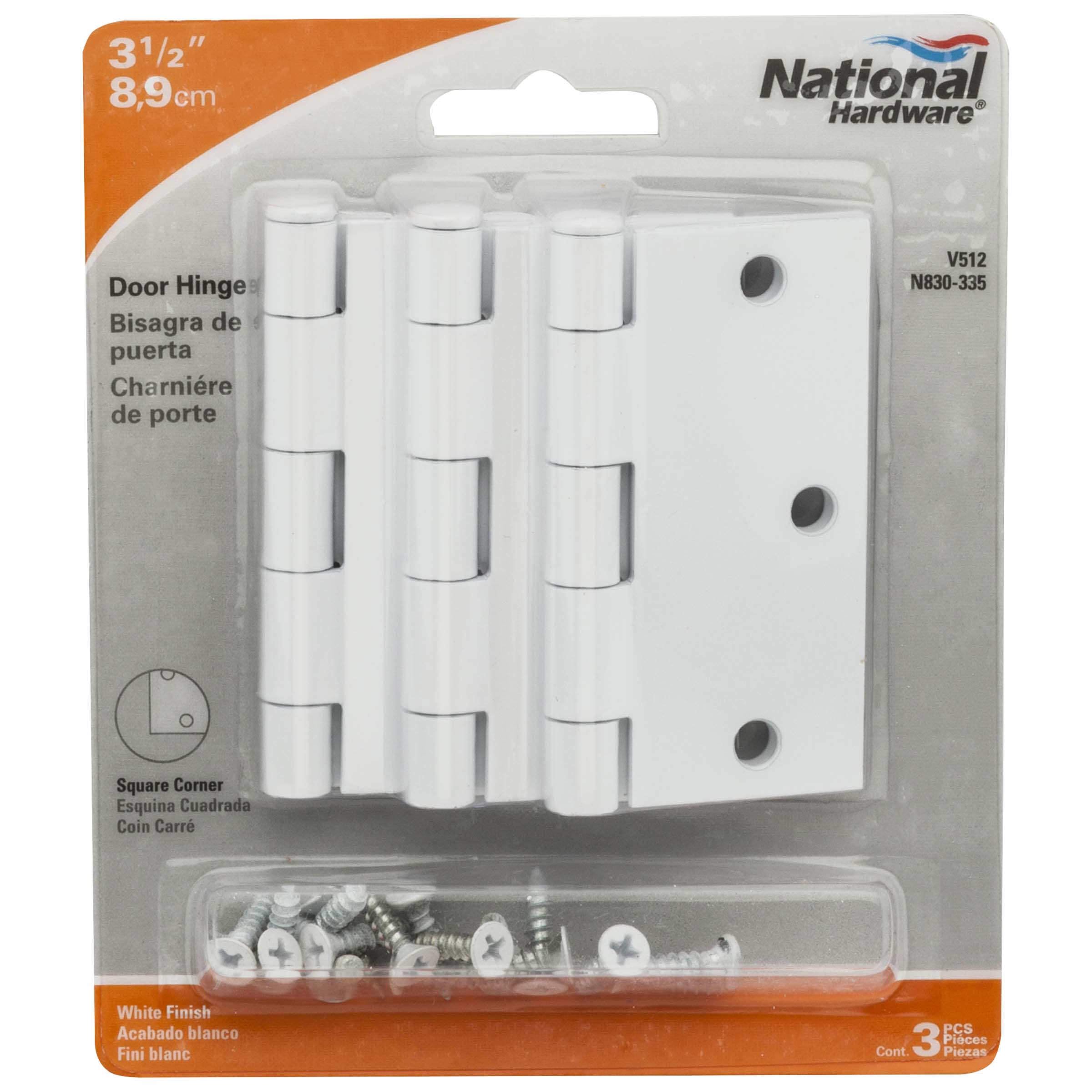 National Hardware - V512 3.5 3-1/2" Plain Bearing SQR Mortise Door Hinge, 3/pk - White
