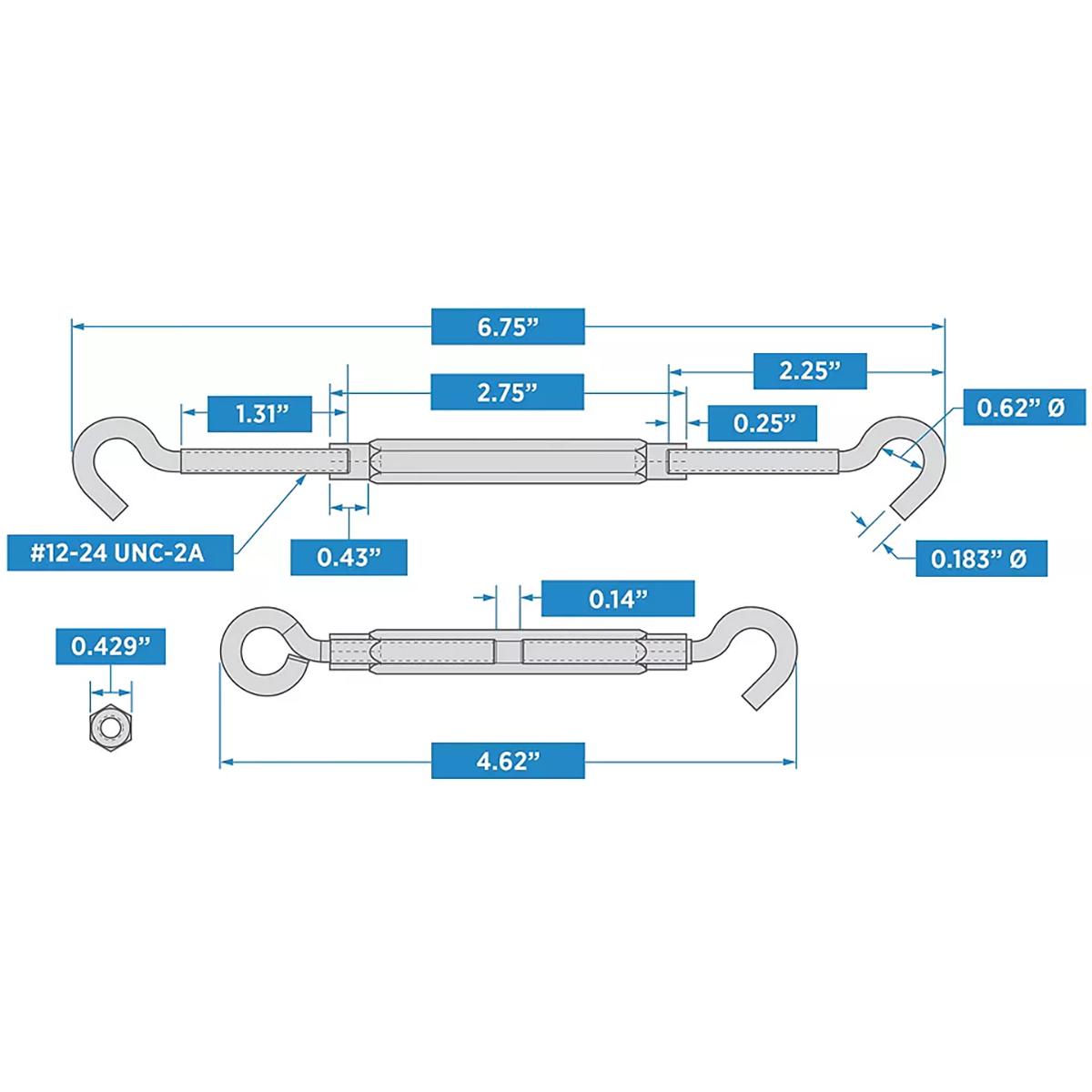 2174BC 7/32" x 6-1/2" Hook / Hook Turnbuckle Aluminum Body - Zinc Plated