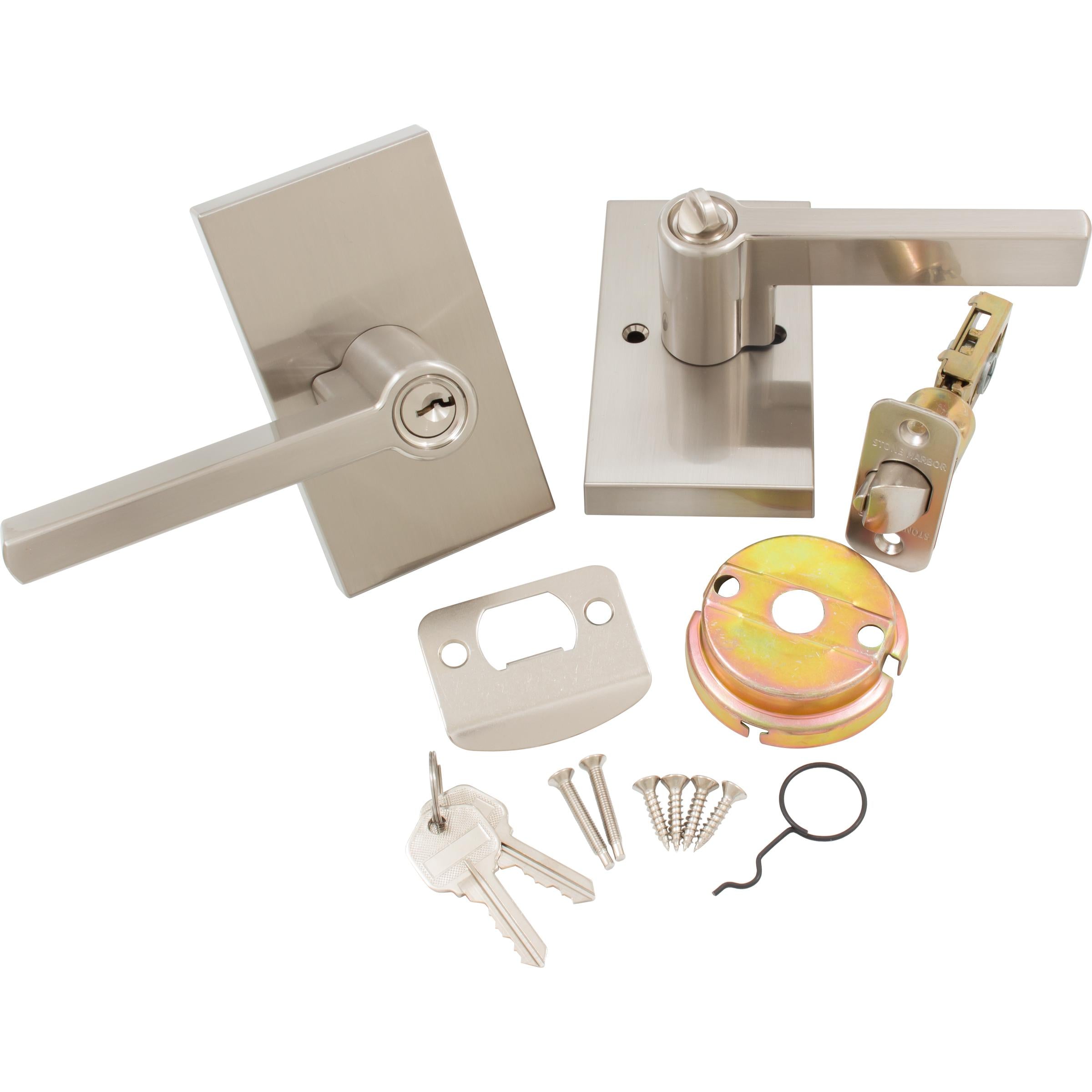 Stone Harbor Hardware Vienna Door Lever with Rectangular Rosette, Entry Latch, KW Keyway, Satin Nickel