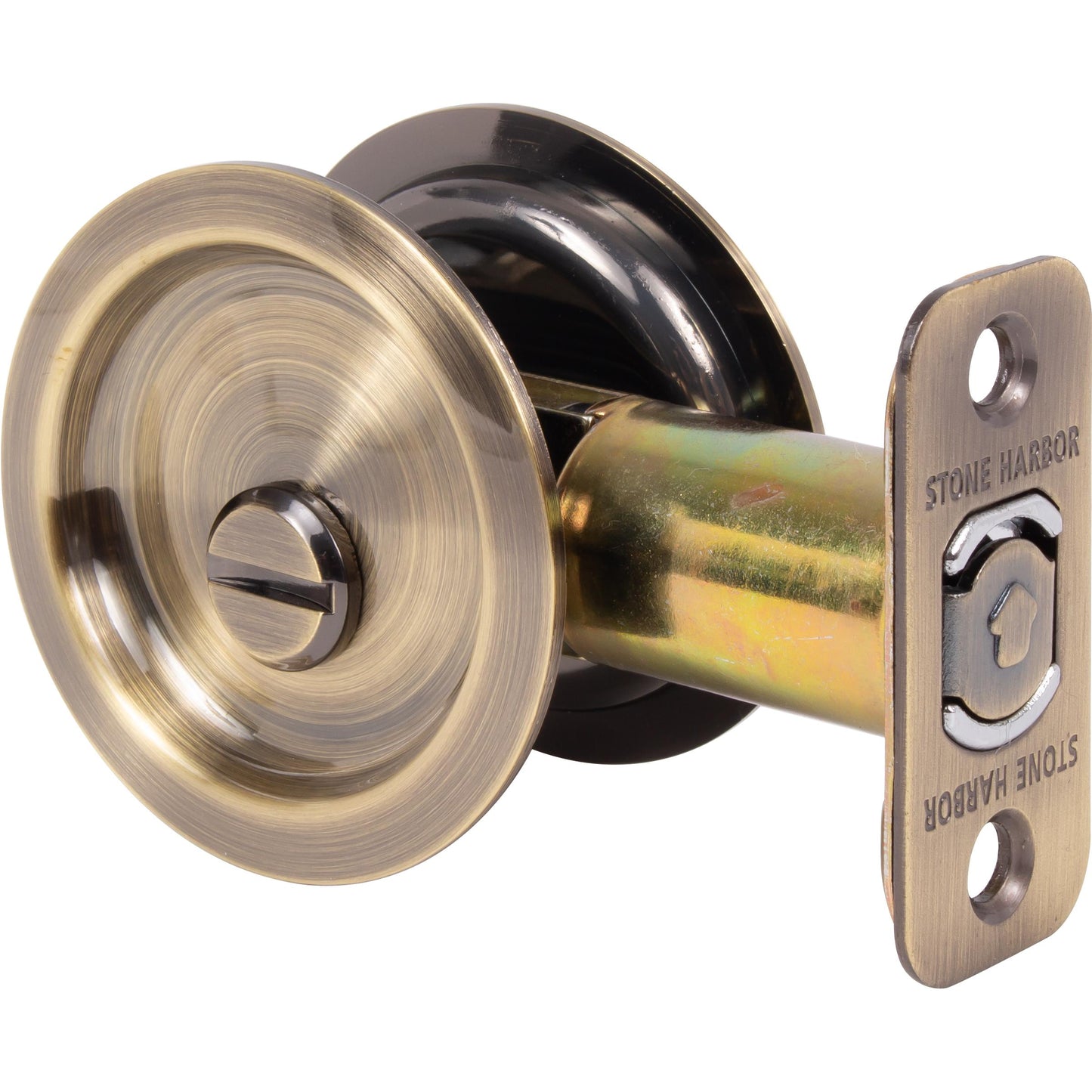 Stone Harbor Hardware Round Pocket Door Lock, Privacy Function, 2-3/8" Backset, Antique Brass