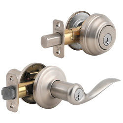 Kwikset 991 Tustin Entry Lever and Single Cylinder Deadbolt Combo Pack Featuring SmartKey in Satin Nickel