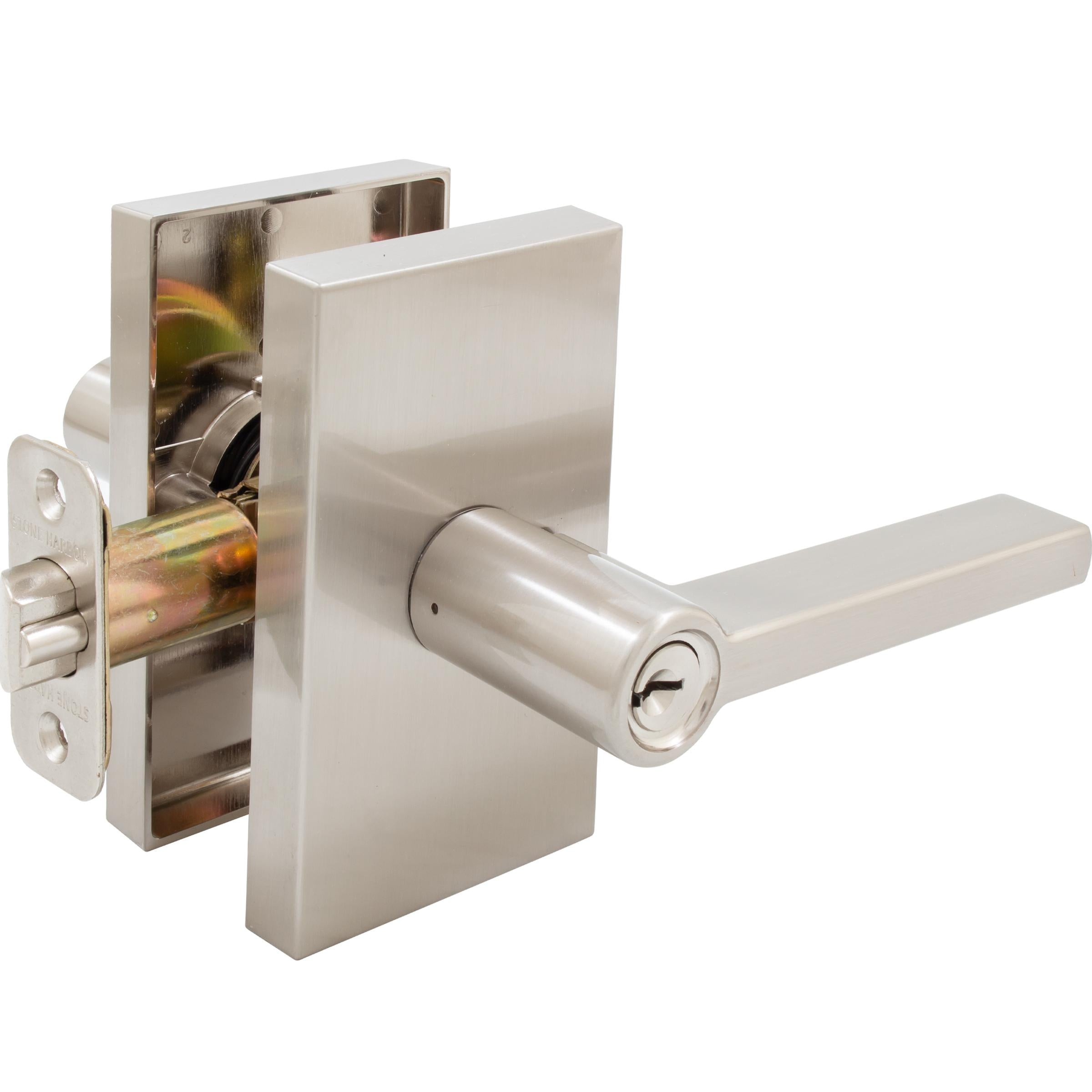 Stone Harbor Hardware Vienna Door Lever with Rectangular Rosette, Entry Latch, KW Keyway, Satin Nickel