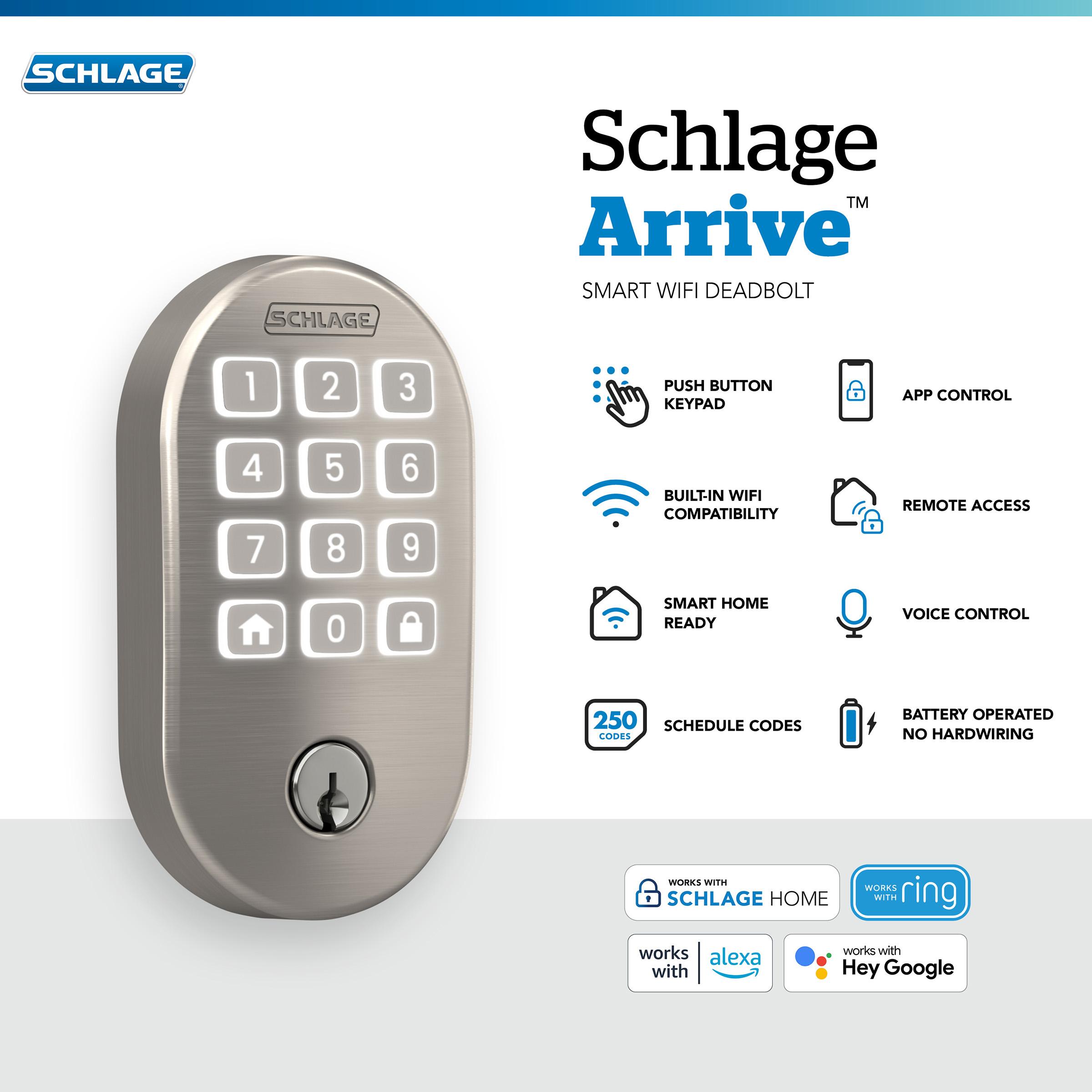 Schlage Arrive Smart WiFi Deadbolt with Remsen Trim in Satin Nickel