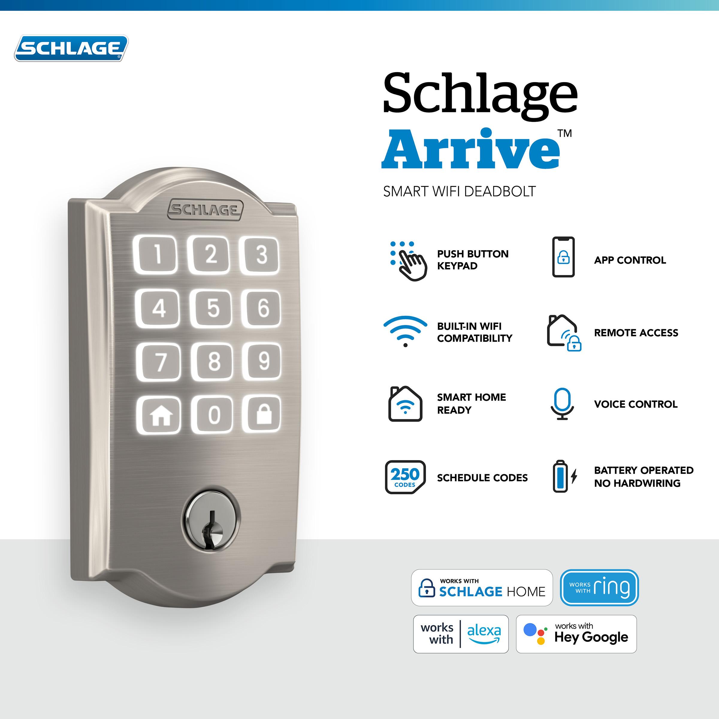 Schlage Arrive Smart WiFi Deadbolt with Camelot Trim in Satin Nickel