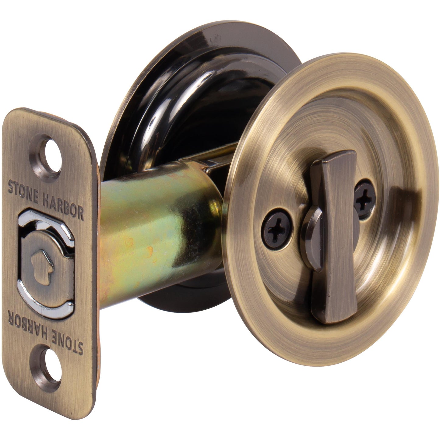 Stone Harbor Hardware Round Pocket Door Lock, Privacy Function, 2-3/8" Backset, Antique Brass