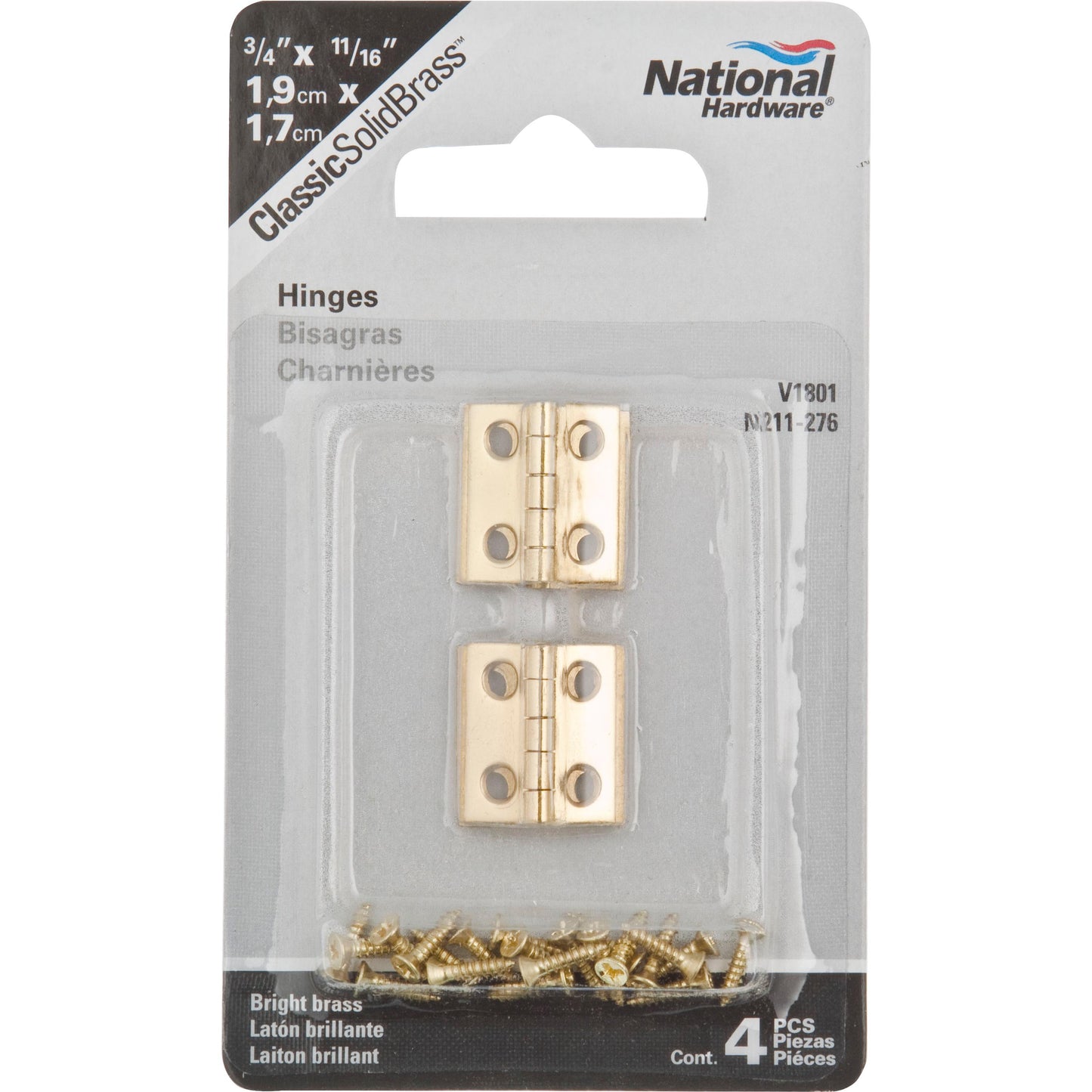 V1801 3/4" x 11/16" Hinge 4/pk - Polished Brass