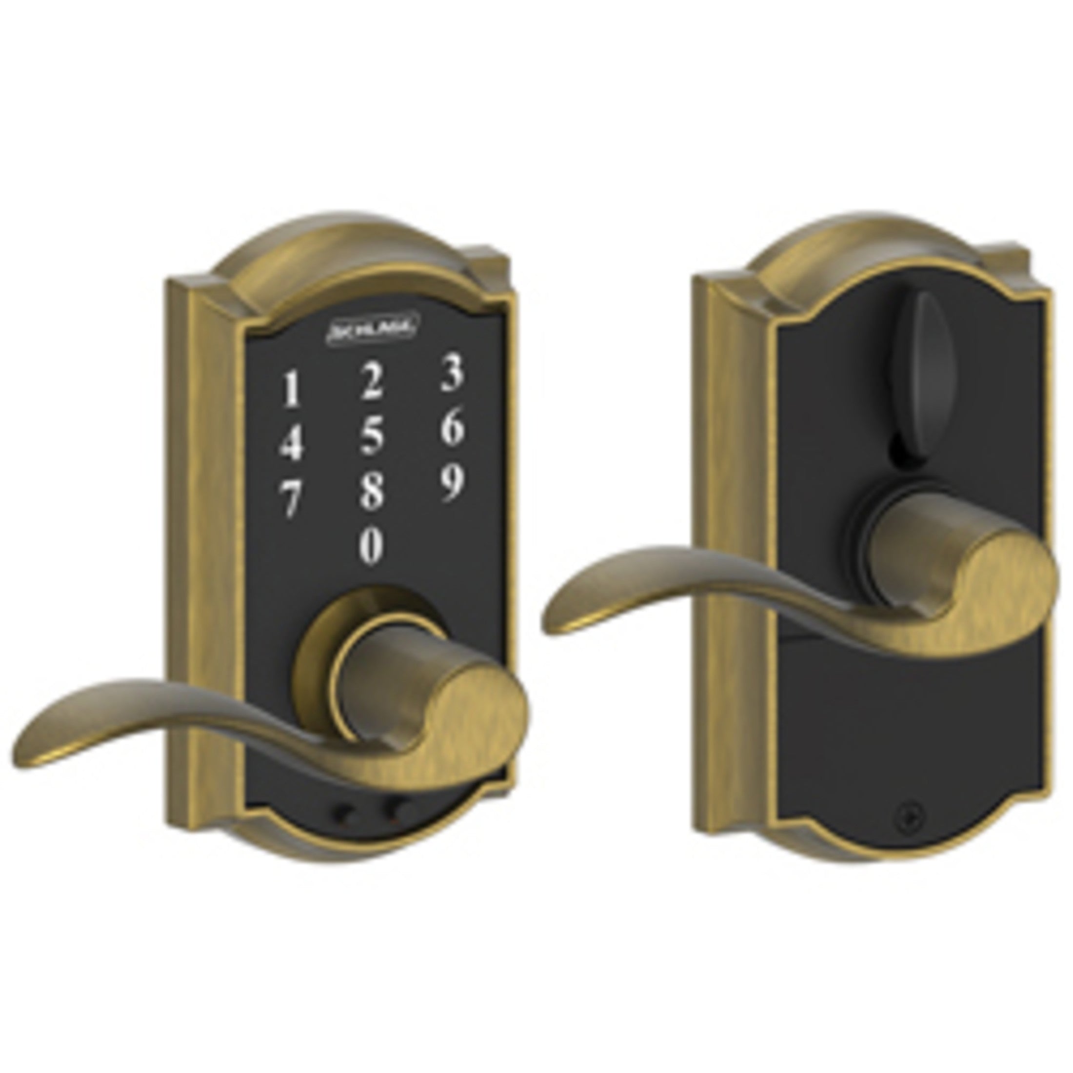 FE695CAM609ACC 16-086 10-027 Accent / Camelot Touch Keyless Lever - Antique Brass