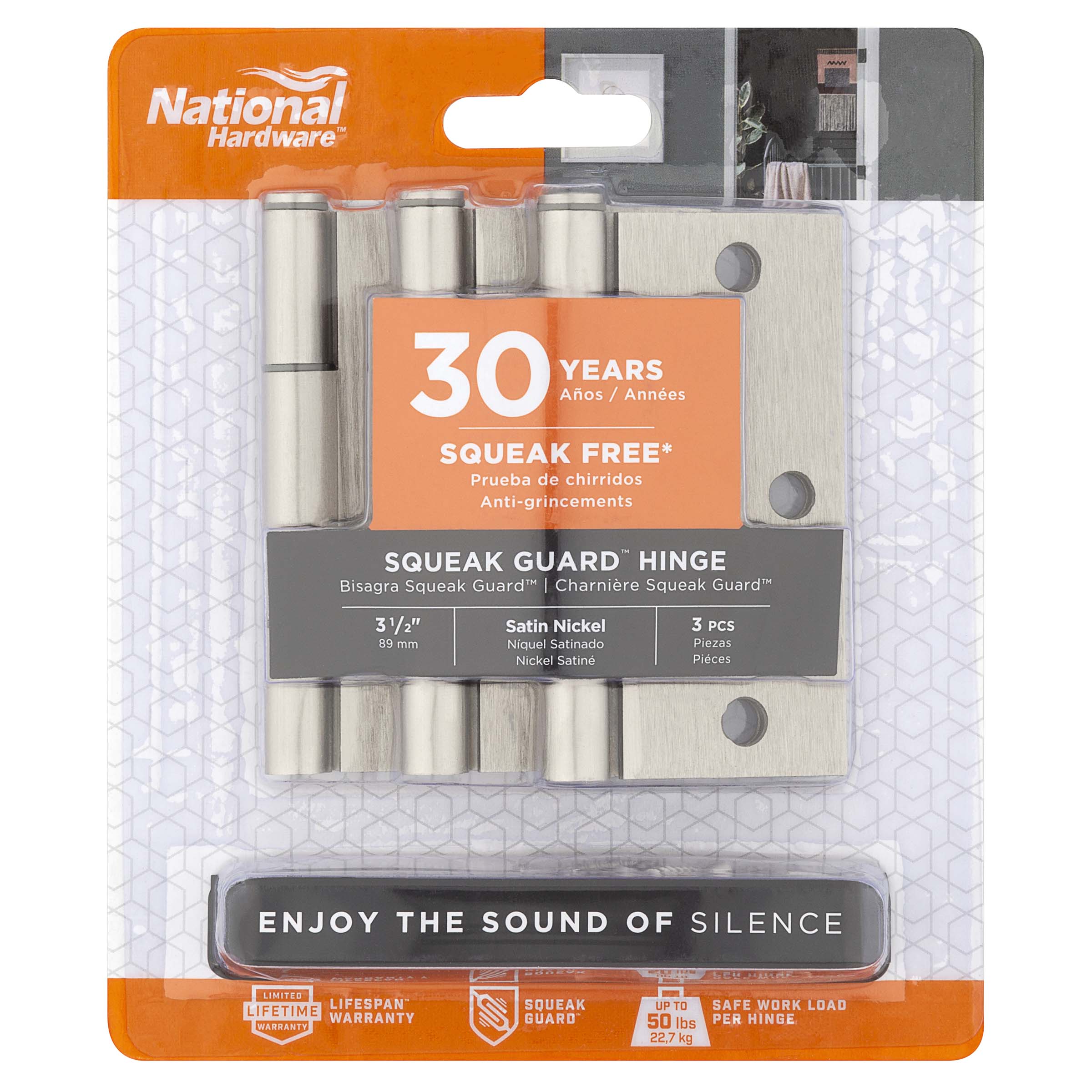 National Hardware - 525 3-1/2" SQR Squeak Guard Hinge 3/pk - Satin Nickel